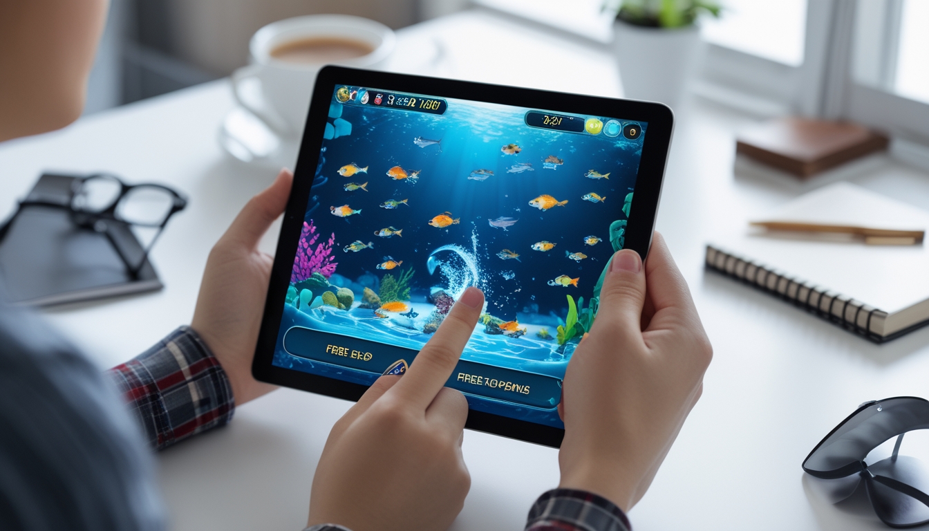 Seseorang sedang bermain permainan tembak ikan di tablet dengan latar ruang kerja yang rapi.