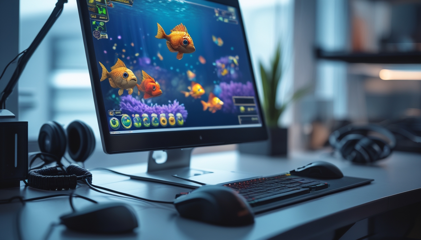 Sebuah meja kerja dengan komputer yang menampilkan permainan tembak ikan online dengan gambar ikan berwarna-warni di layar.