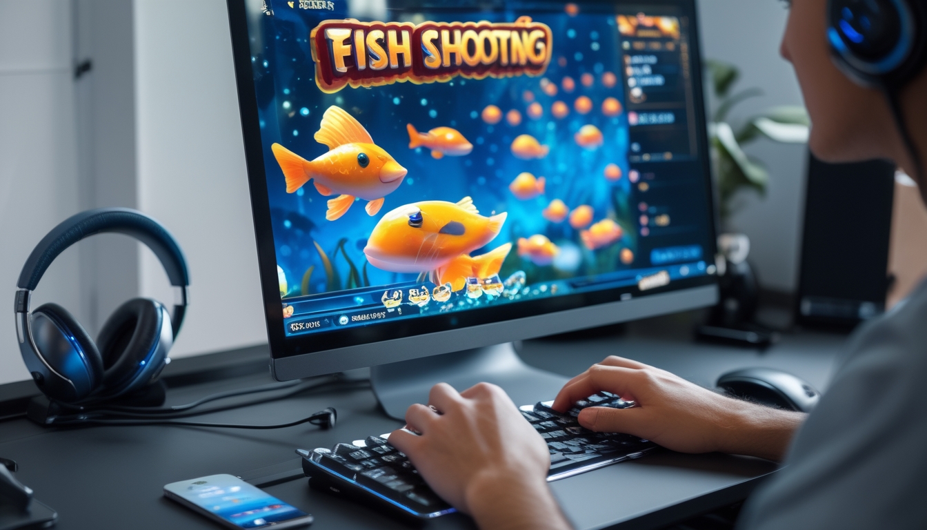 Seorang pemain sedang menggunakan komputer untuk bermain permainan judi tembak ikan online dengan tampilan layar penuh warna dan suasana fokus di ruang bermain.