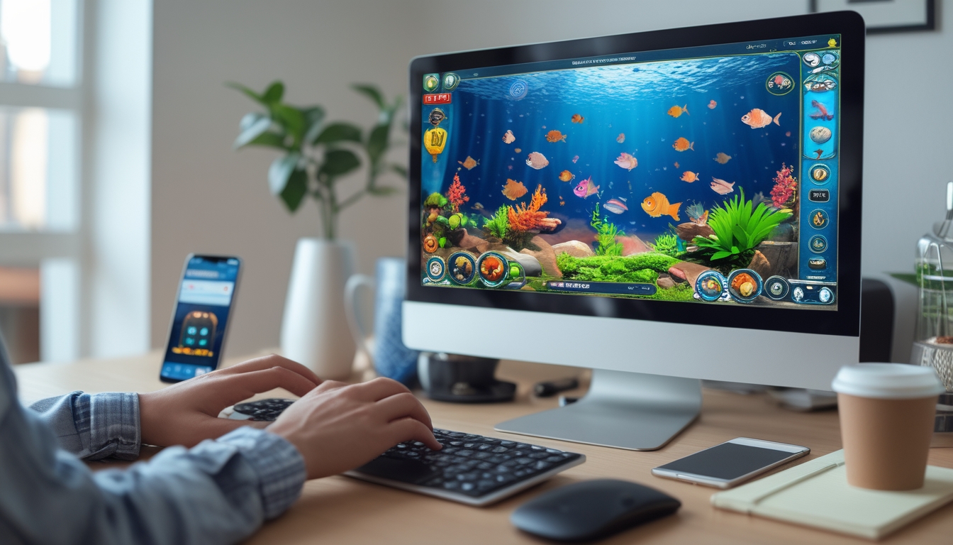 Seseorang bermain game tembak ikan di komputer dengan tampilan layar penuh warna di meja kerja yang rapi.