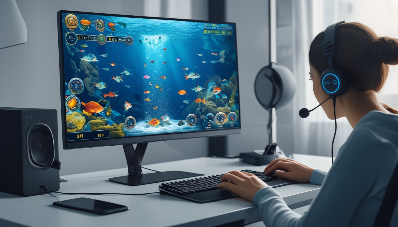 Seseorang bermain permainan tembak ikan online di komputer dengan layar menampilkan grafis ikan berwarna-warni di bawah laut.