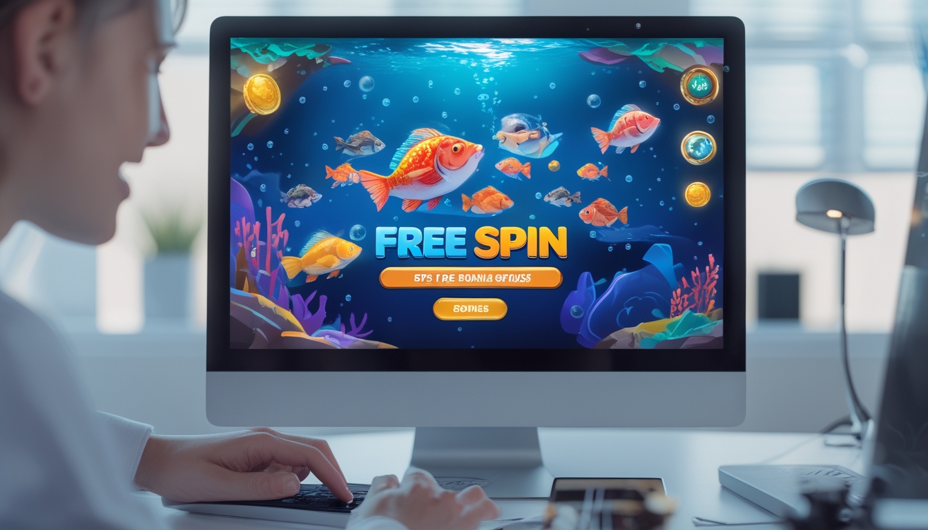 Seseorang menggunakan perangkat digital dengan tampilan permainan tembak ikan berwarna-warni di layar.