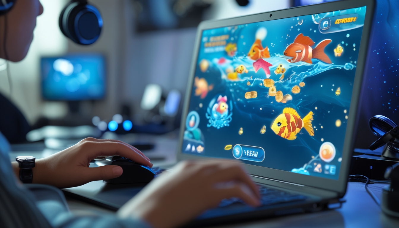 Seseorang bermain game tembak ikan di komputer dengan layar menampilkan grafis bawah laut berwarna-warni.