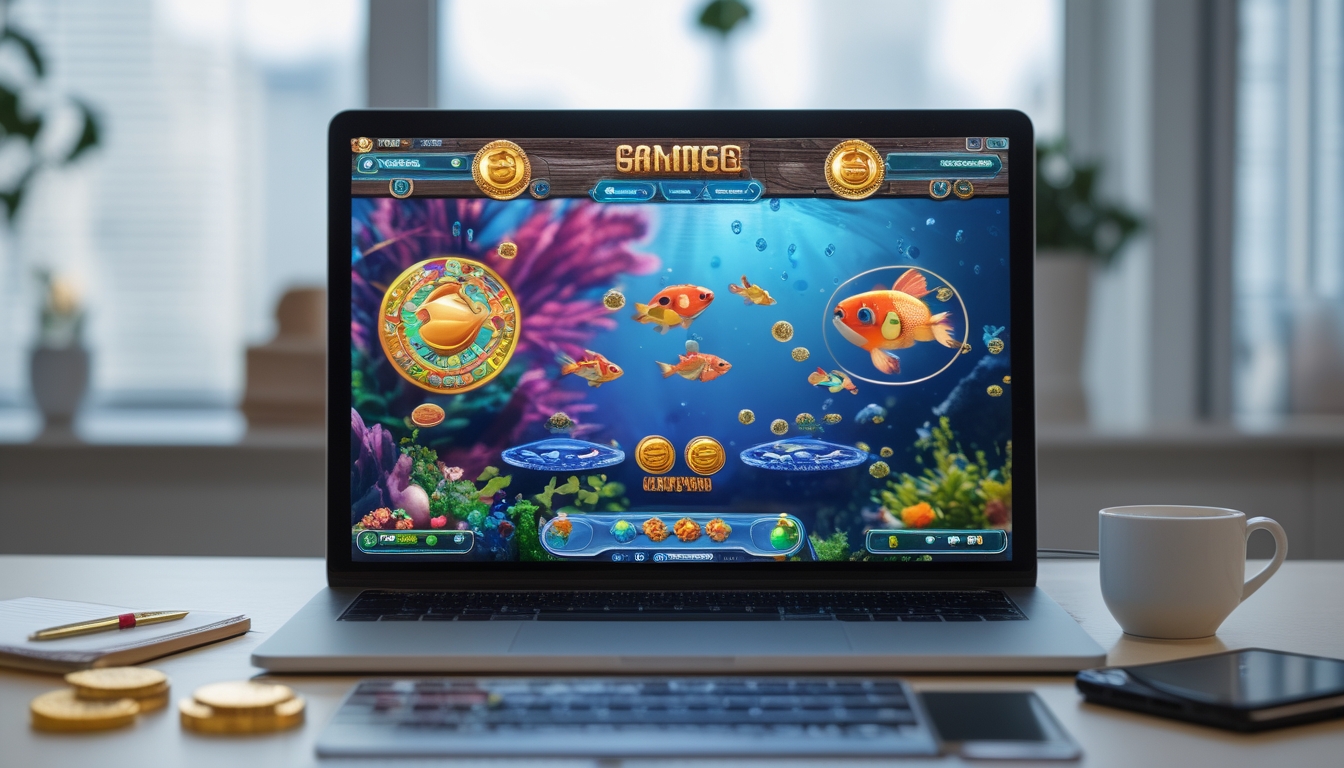 Sebuah layar komputer menampilkan permainan tembak ikan dengan elemen warna-warni dan koin digital di sekitarnya.