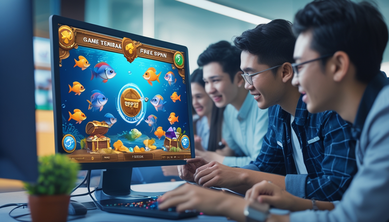 Sekelompok orang muda bermain game tembak ikan free spin di layar komputer dalam ruangan modern dengan suasana cerah dan fokus.