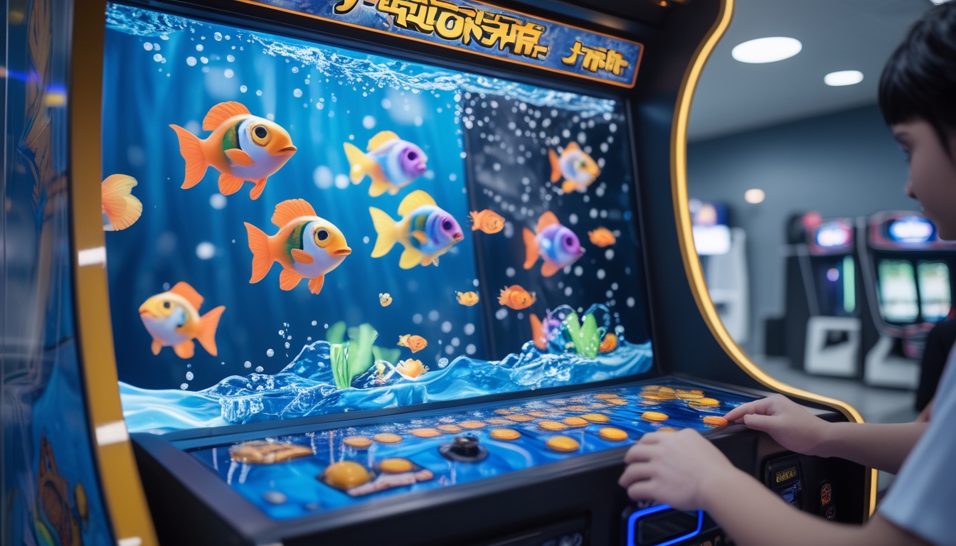Sebuah mesin permainan tembak ikan digital dengan layar warna-warni dan tangan pemain yang sedang mengoperasikan kontrol di dalam arcade permainan.