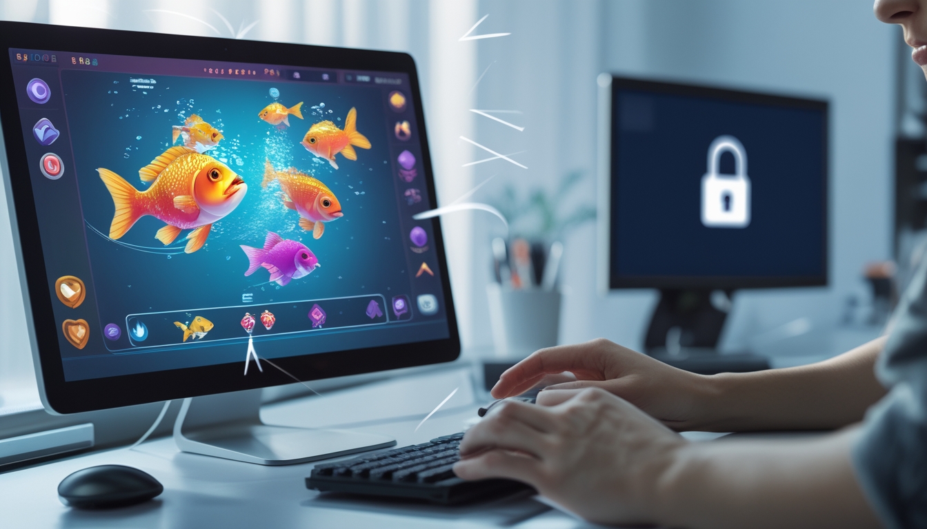 Seorang pengguna sedang bermain game tembak ikan di komputer dengan tampilan layar berwarna cerah dan suasana ruang kerja yang rapi dan aman.