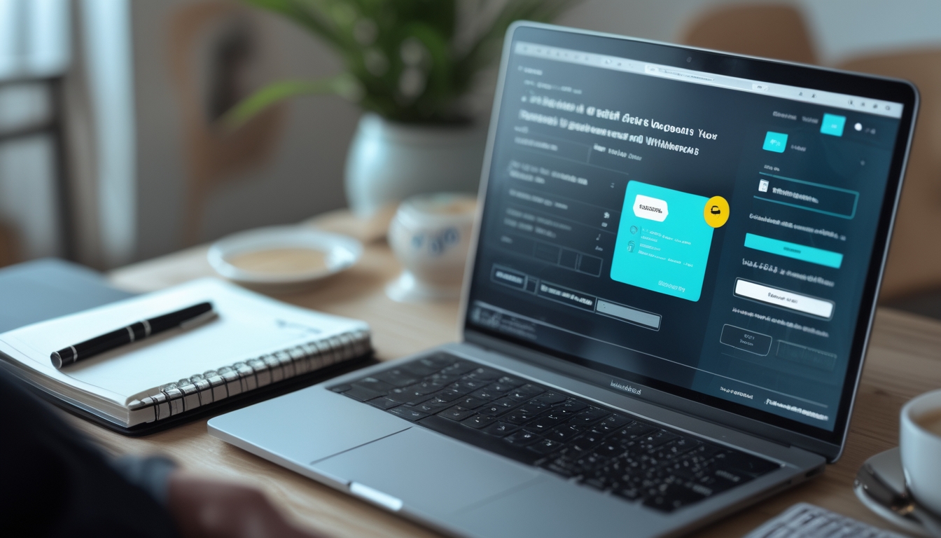 Meja kerja dengan laptop menampilkan antarmuka pembayaran digital, ponsel, buku catatan, dan cangkir kopi.