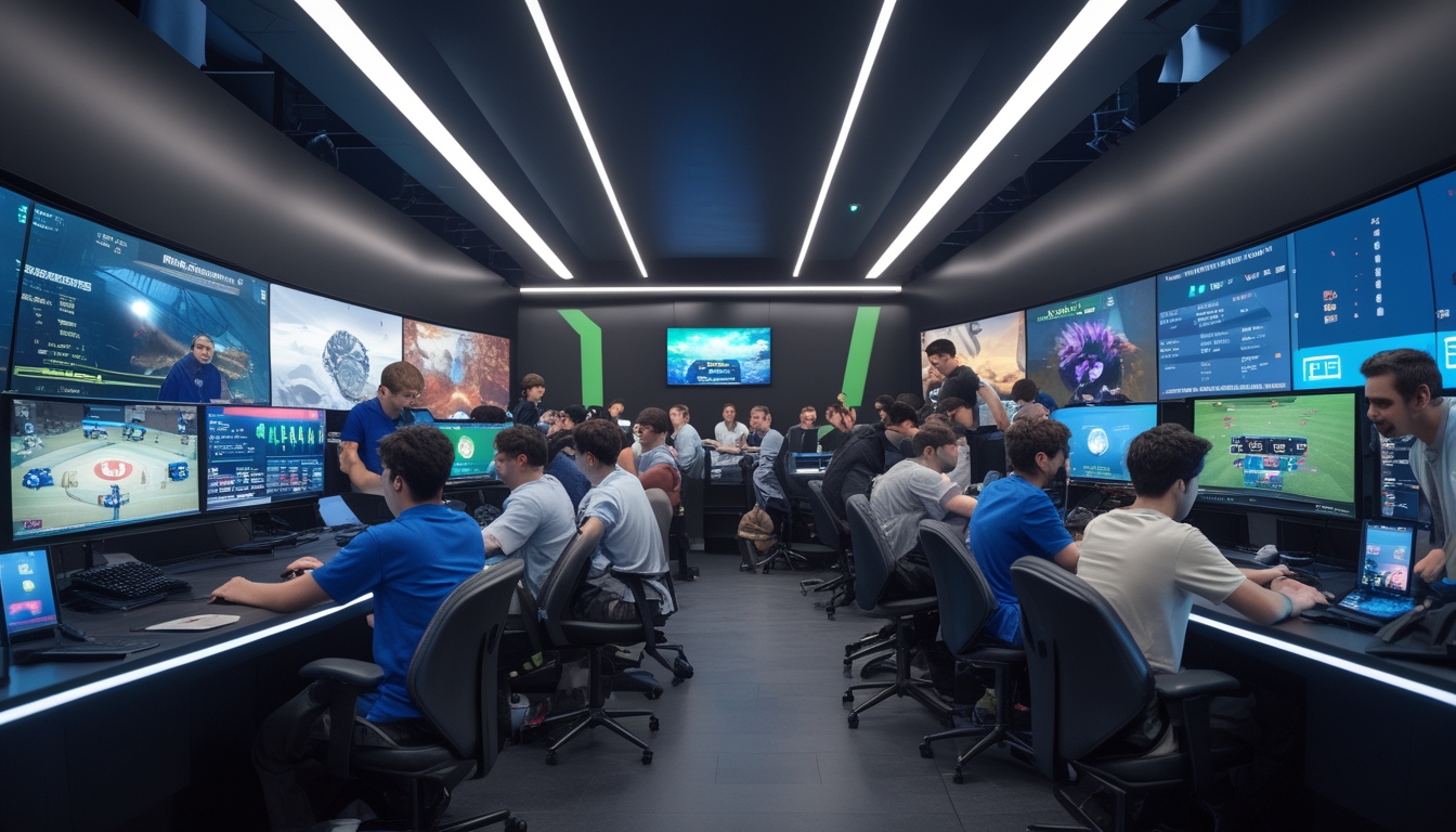 Sekelompok orang muda sedang bermain dan bertaruh pada esports di sebuah ruang permainan modern dengan layar besar dan peralatan canggih.