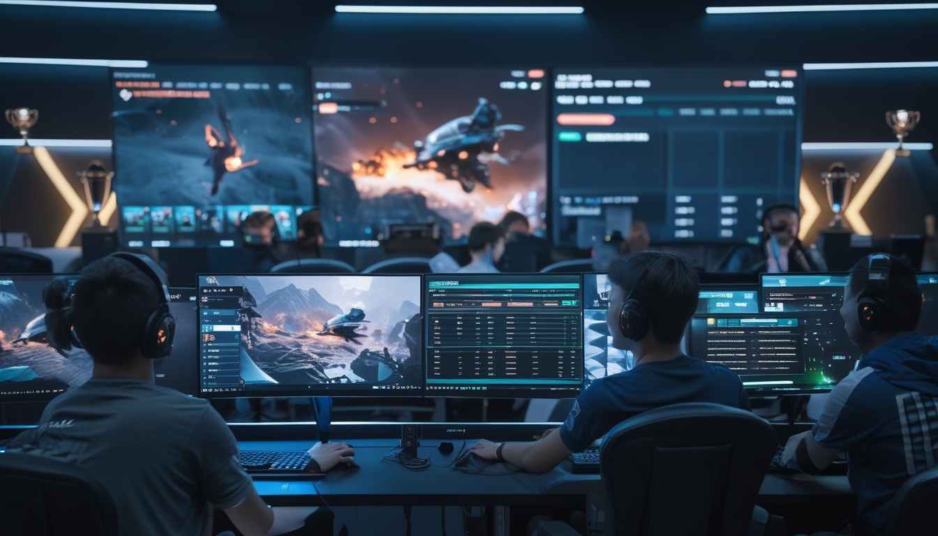 Beberapa orang sedang melihat layar komputer dengan grafik dan permainan esports di ruangan gaming yang modern.