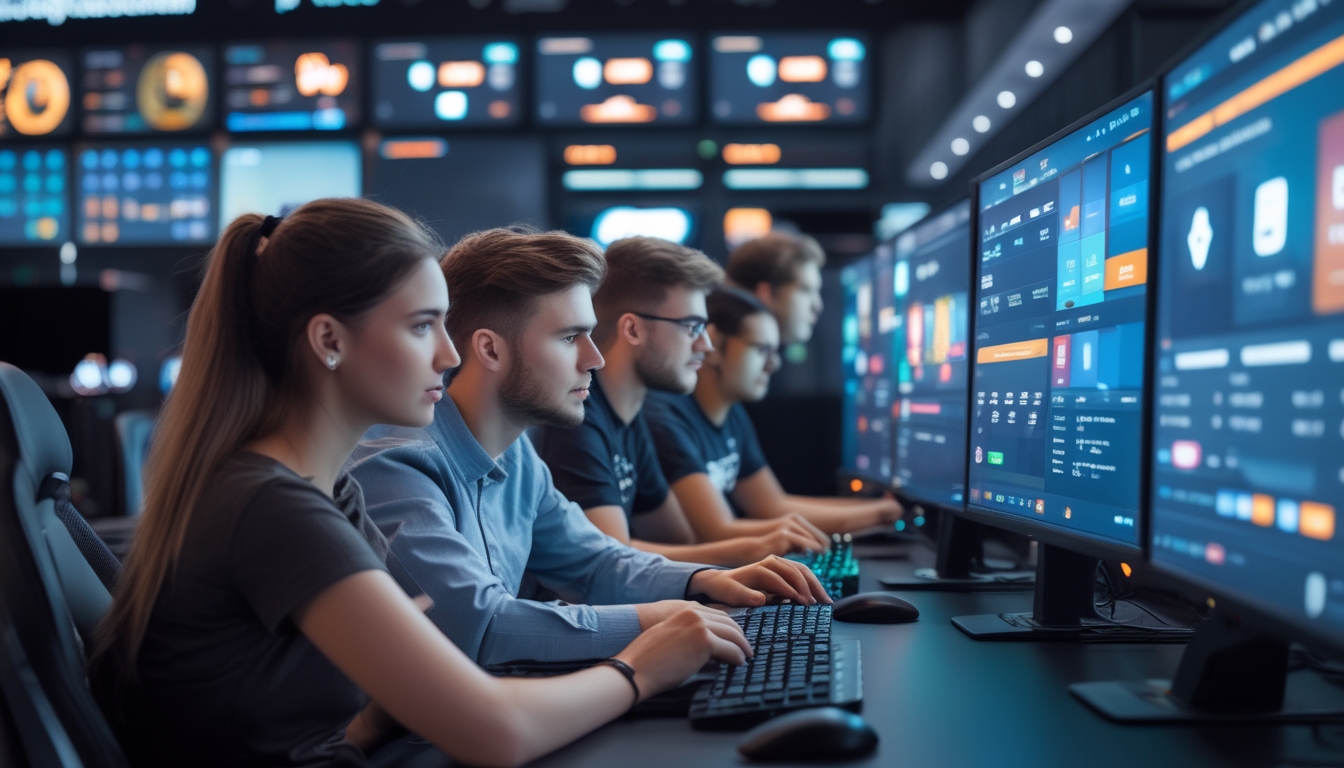 Beberapa orang muda sedang melihat layar komputer dengan tampilan permainan esports dan data taruhan di sebuah ruang kerja modern.