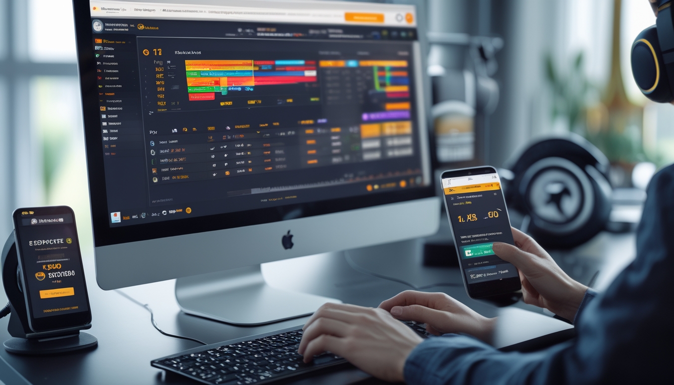 Sebuah meja kerja modern dengan komputer yang menampilkan data odds esports, tangan seseorang sedang menggunakan keyboard dan ponsel yang menunjukkan konfirmasi pembayaran cepat.