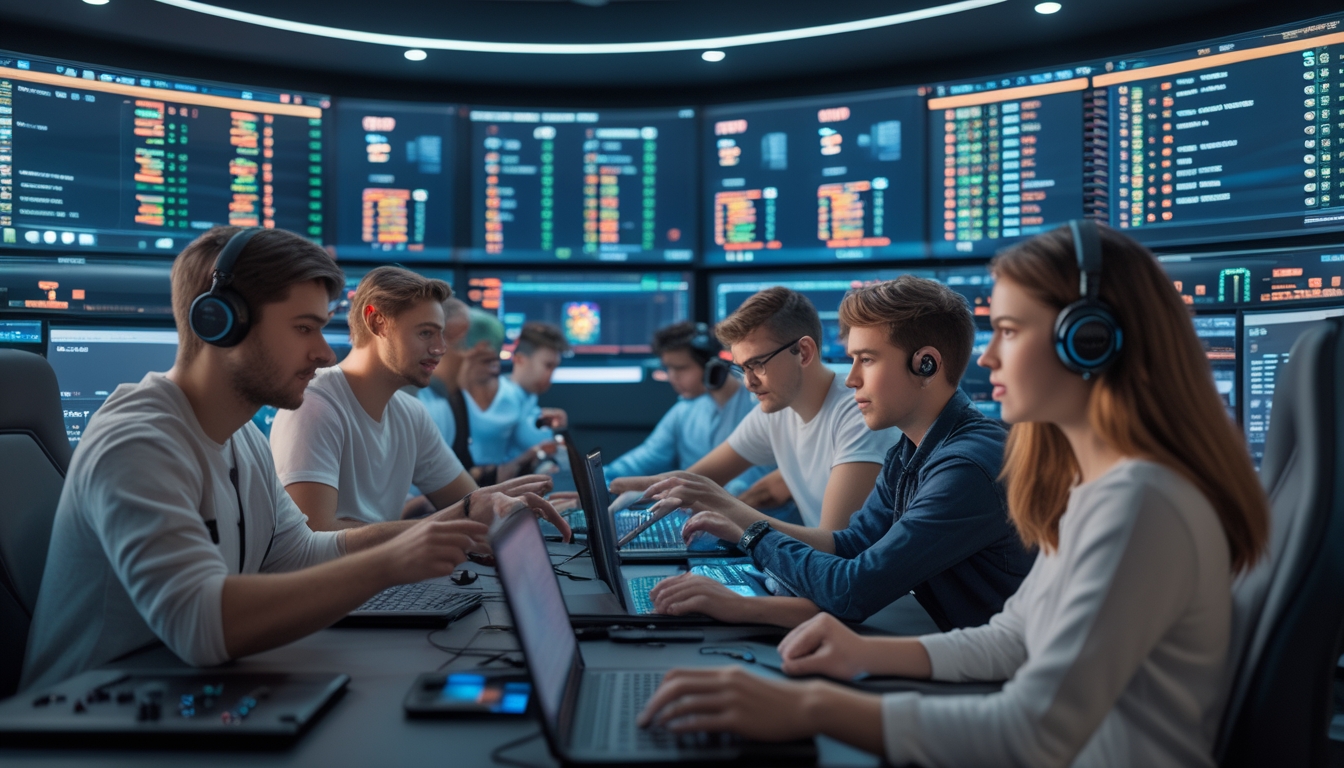 Beberapa orang muda sedang melihat layar komputer yang menampilkan data dan statistik pertandingan esports di ruangan gaming modern.