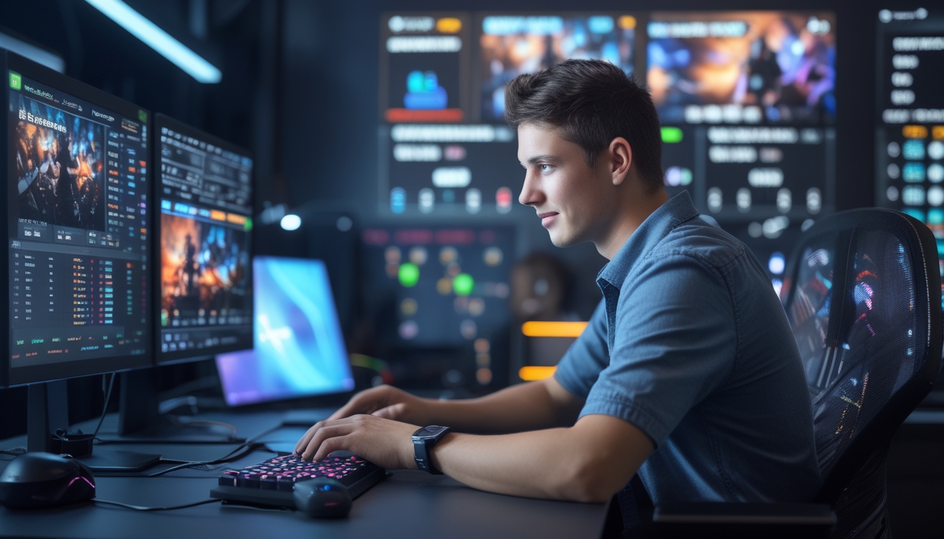 Seseorang duduk di depan beberapa monitor yang menampilkan pertandingan esports dan grafik odds, di sebuah ruang kerja dengan perlengkapan gaming.