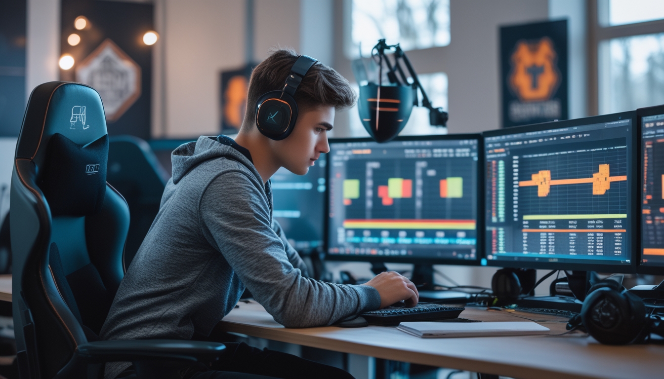 Seorang pria muda fokus duduk di meja dengan beberapa monitor komputer yang menampilkan grafik dan adegan esports, sedang menganalisis data taruhan.
