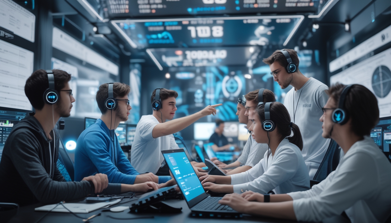 Sekelompok orang muda sedang fokus melihat layar komputer yang menampilkan statistik dan pertandingan esports, bekerja sama membahas strategi taruhan.