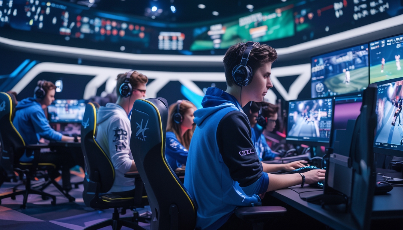 Sekelompok orang muda bermain game esports secara kompetitif di ruangan dengan monitor dan pencahayaan futuristik.