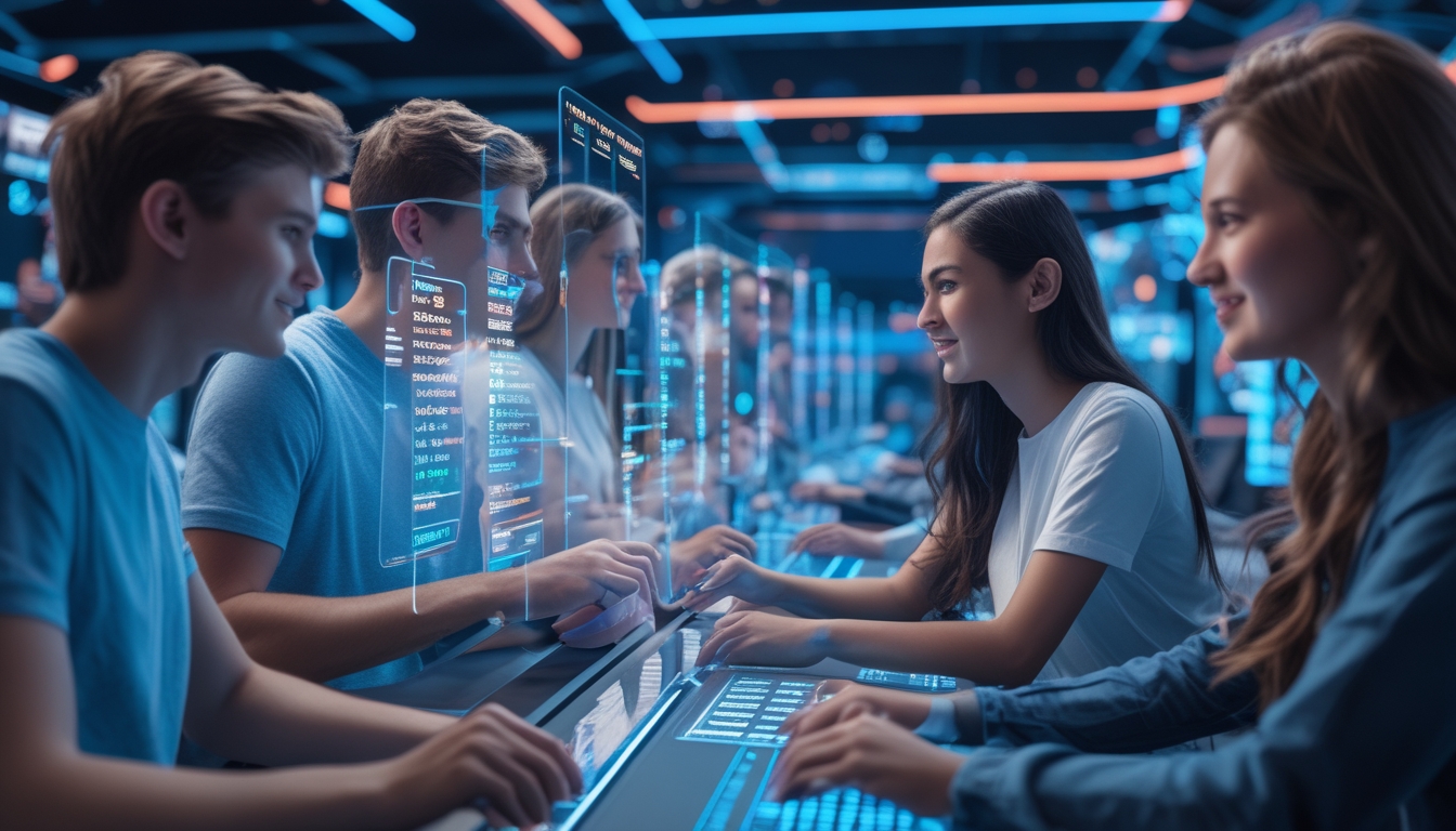 Beberapa orang muda sedang menggunakan layar digital transparan untuk membandingkan platform esports dan peluang taruhan terbaru di lingkungan gaming futuristik.