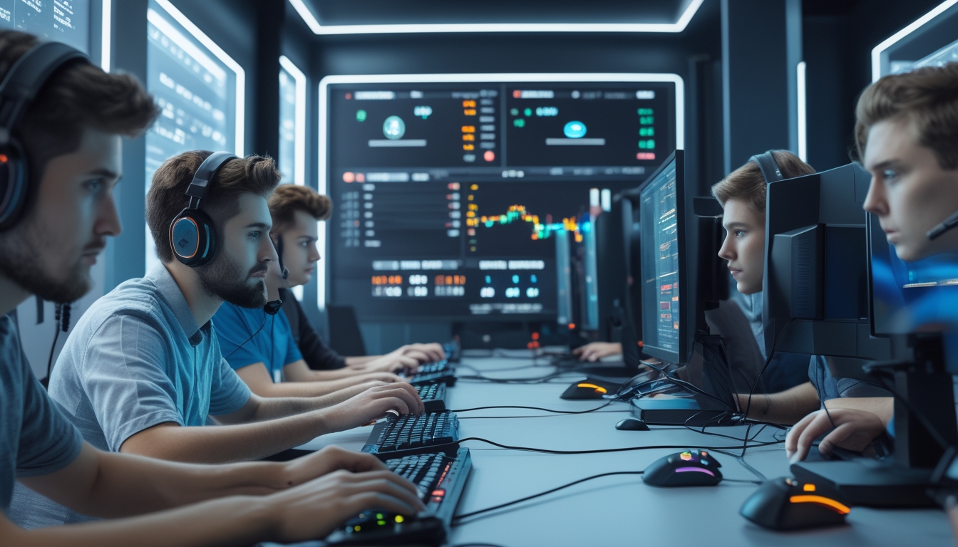 Sekelompok orang muda sedang fokus bermain dan memasang taruhan pada pertandingan esports di sebuah ruangan dengan layar komputer dan peralatan gaming.