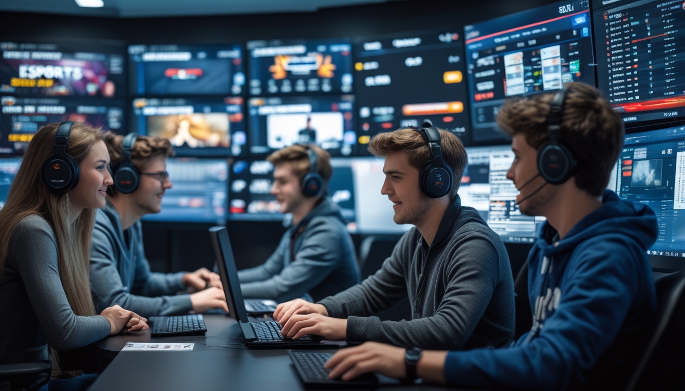 Sekelompok orang muda sedang menggunakan komputer dengan layar besar yang menampilkan permainan esports dan grafik peluang taruhan dalam ruangan modern.