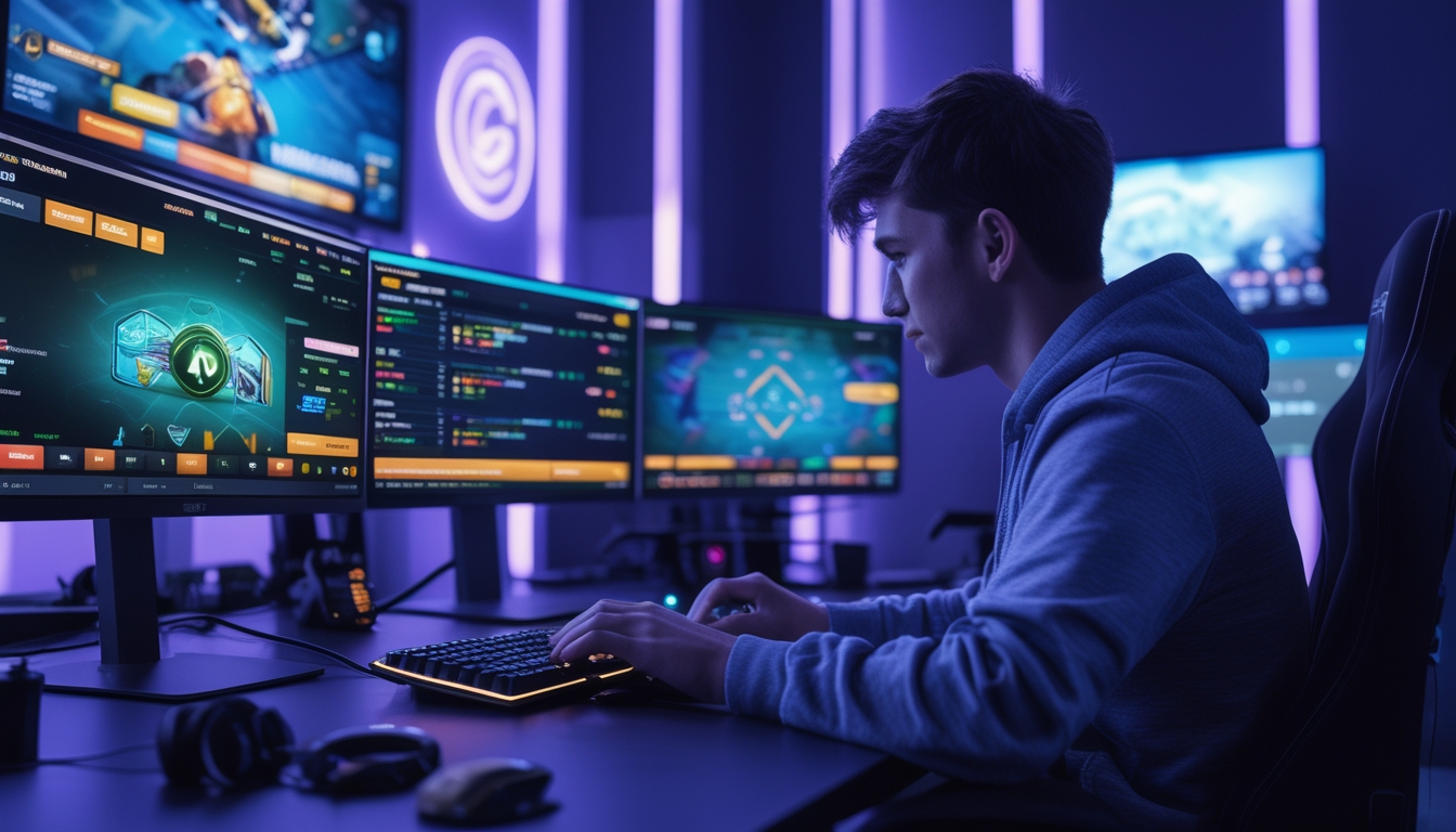 Seorang pria muda sedang menggunakan komputer dengan beberapa layar menampilkan grafik permainan esports dan informasi taruhan di sebuah ruangan dengan pencahayaan biru dan ungu.