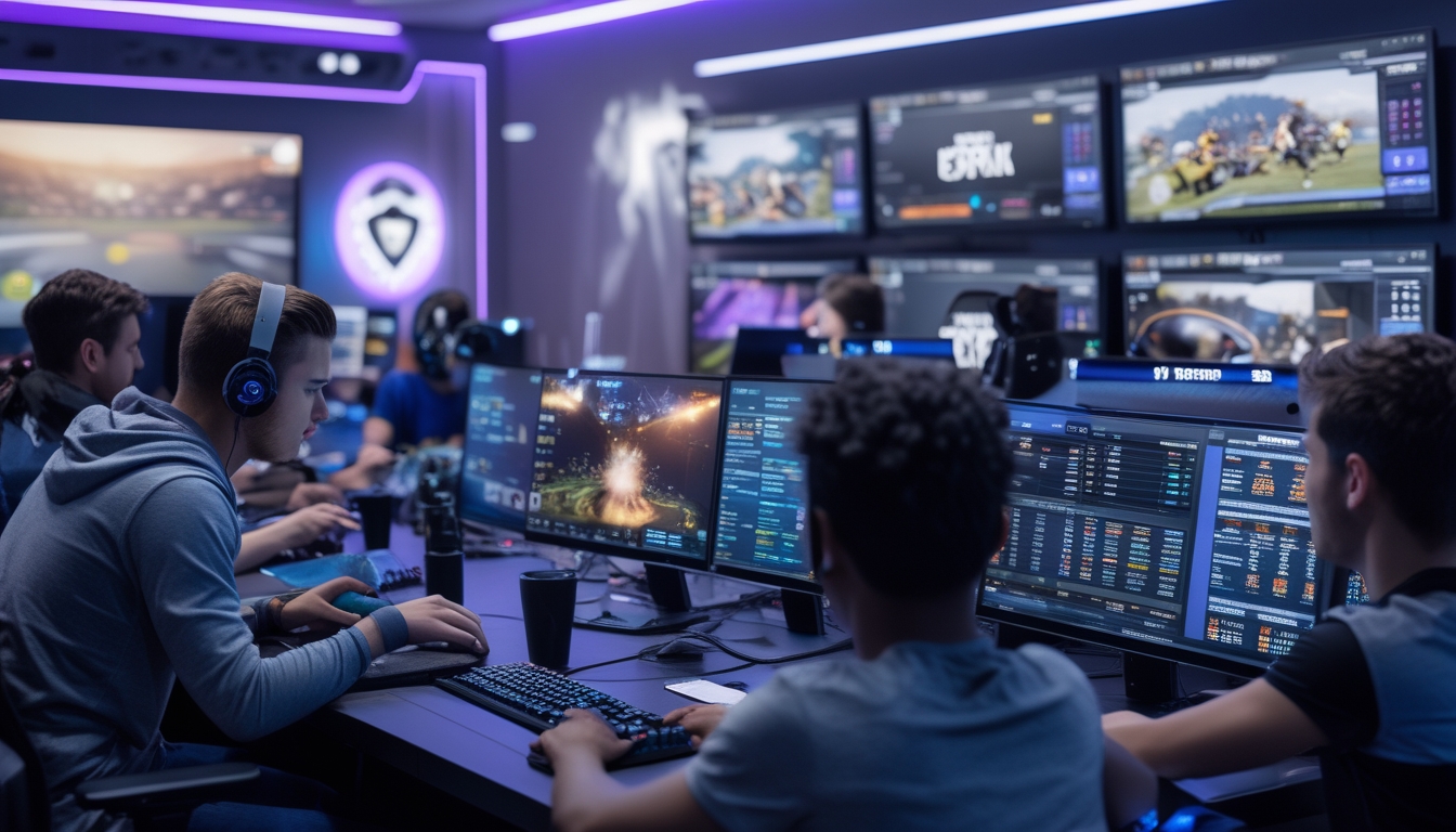 Sekelompok orang muda sedang fokus bermain dan bertaruh pada permainan esports di sebuah ruangan gaming dengan beberapa layar komputer dan pencahayaan biru ungu.