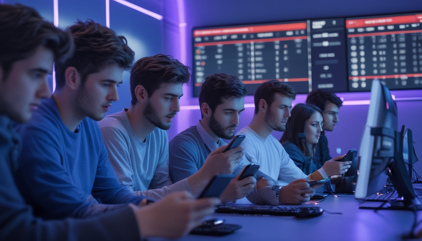 Beberapa orang muda menggunakan ponsel mereka untuk memeriksa peluang dan memasang taruhan esports dalam ruangan modern dengan layar besar di latar belakang.