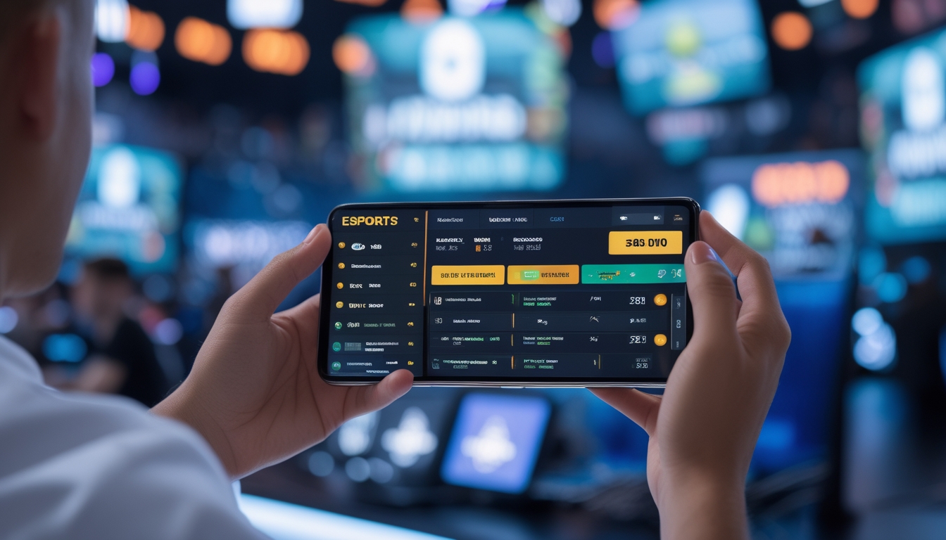 Seseorang memegang ponsel yang menampilkan antarmuka taruhan esports dengan latar belakang turnamen esports yang samar.