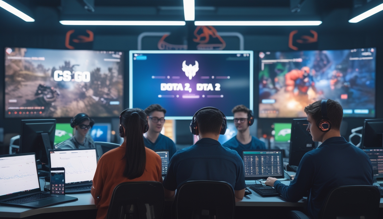 Sekelompok orang muda sedang melihat layar komputer dan tablet dengan latar belakang monitor yang menampilkan permainan esports populer.