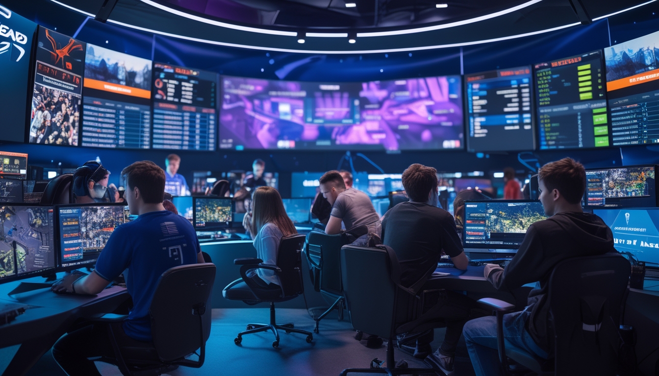 Sekelompok orang muda sedang menggunakan komputer dengan layar menampilkan data taruhan dan pertandingan esports CS, Dota 2, dan League of Legends.