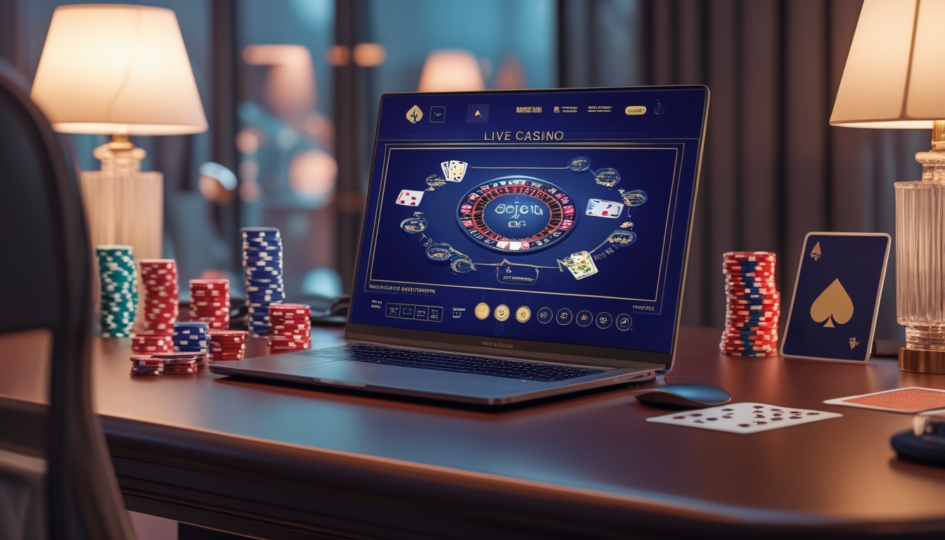 Seorang pemain menggunakan komputer dengan layar menampilkan permainan kasino langsung, dikelilingi oleh chip poker dan kartu remi di atas meja kayu.