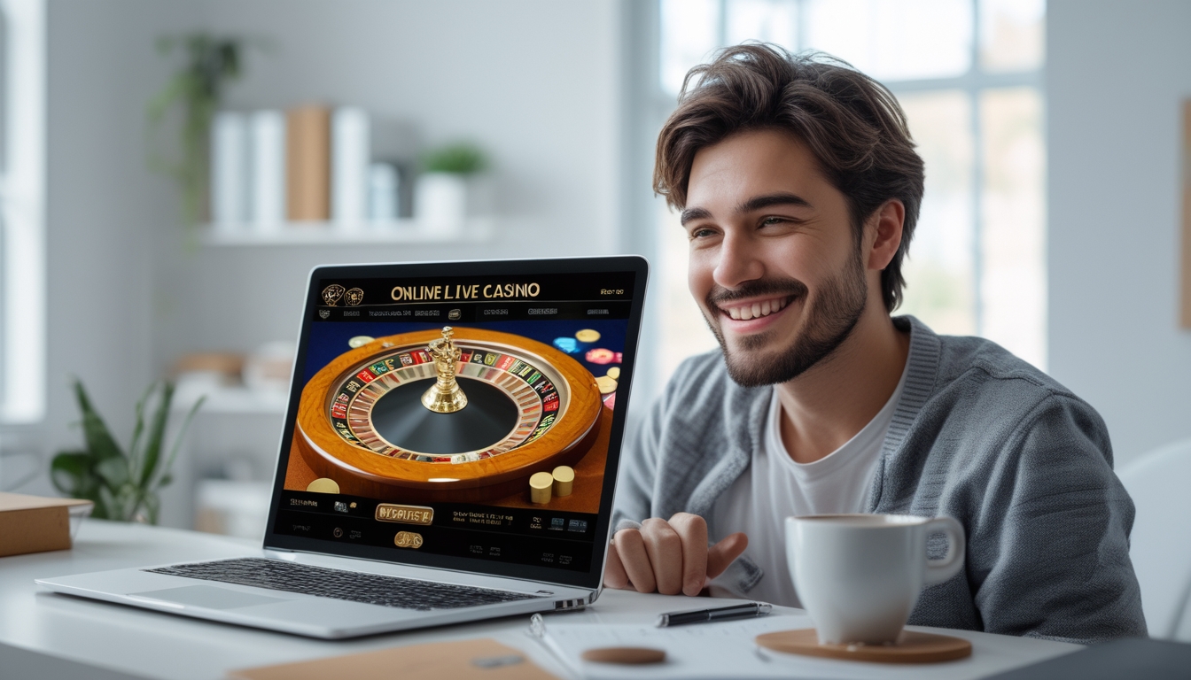 Seorang pemula sedang menggunakan laptop untuk bermain live casino online di ruang kerja yang terang dan nyaman.