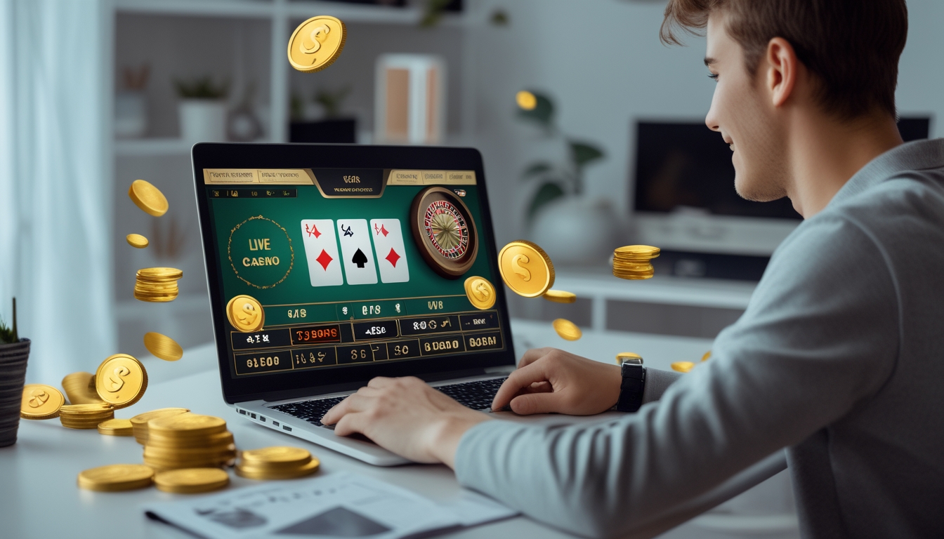 Seorang pemuda duduk di depan laptop dengan tampilan permainan kasino langsung dan simbol bonus di sekitarnya.