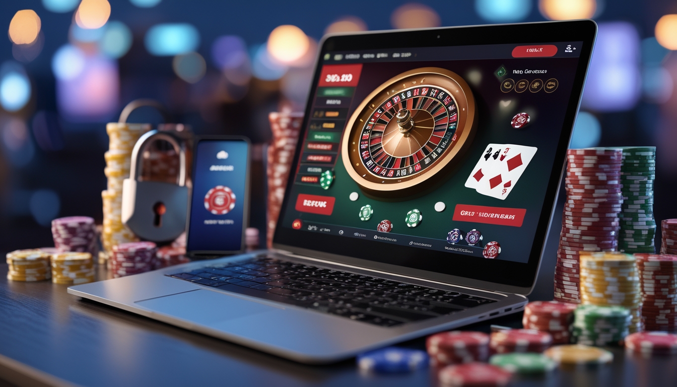 Sebuah laptop menampilkan permainan kasino langsung dengan chip kasino berwarna-warni dan ponsel yang menunjukkan notifikasi bonus di meja permainan.