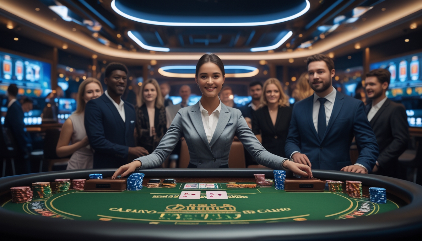 Seorang dealer kasino profesional di meja blackjack dengan pemain yang fokus dan suasana kasino yang modern dan aman.