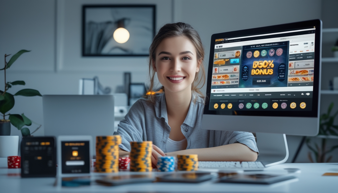 Seorang wanita muda duduk di meja dengan perangkat digital yang menampilkan permainan kasino langsung dan penawaran bonus.