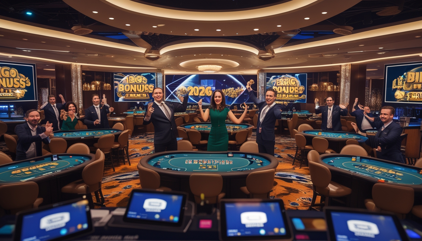 Suasana kasino langsung dengan dealer dan pemain yang antusias di meja permainan, menampilkan suasana meriah dan promosi bonus besar.