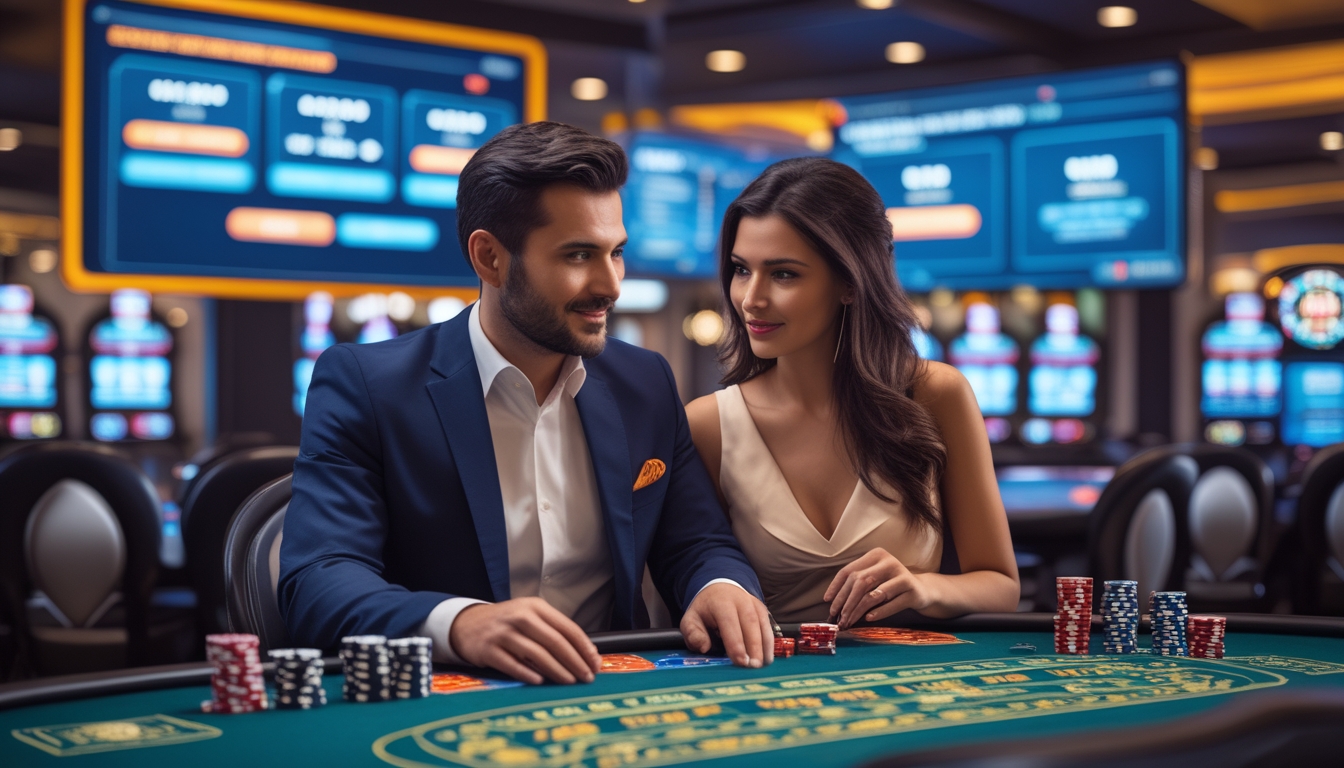 Seorang pria dan wanita berpakaian rapi duduk di meja kasino dengan layar digital dan chip poker, terlihat sedang berdiskusi strategi bermain di kasino online.