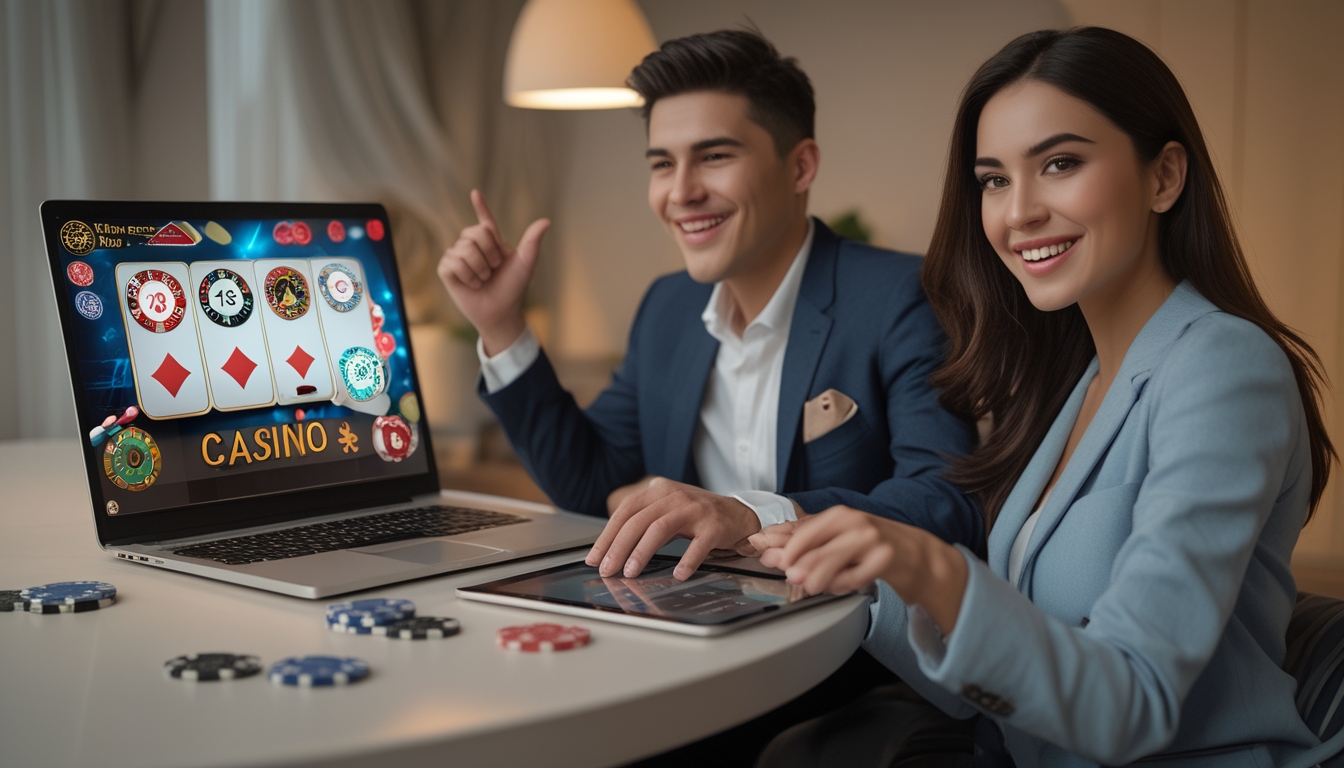 Dua orang bermain permainan kasino online secara langsung menggunakan laptop dan tablet di meja dengan suasana hangat dan fokus.
