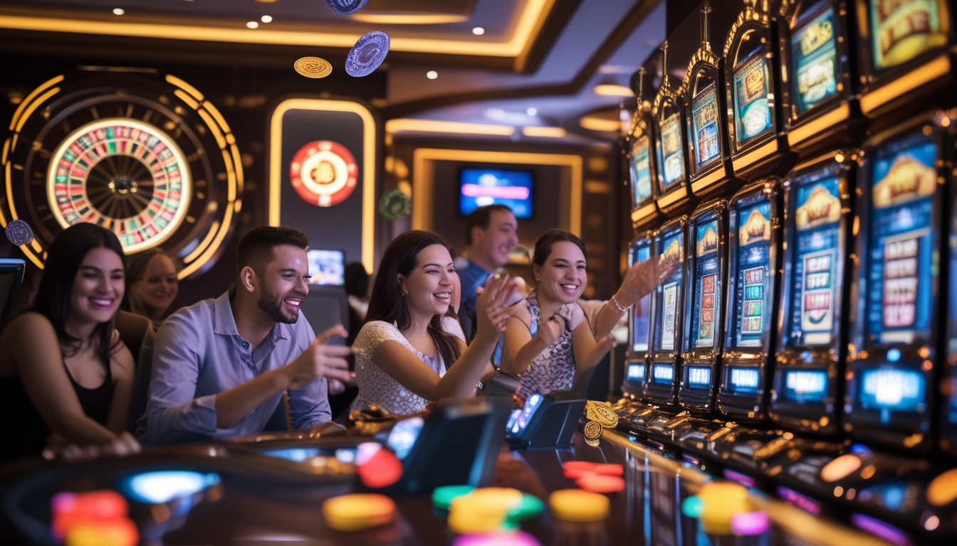 Sejumlah pemain yang bersemangat bermain di kasino online dengan roda roulette digital dan mesin slot di layar komputer, suasana mewah dan penuh warna.