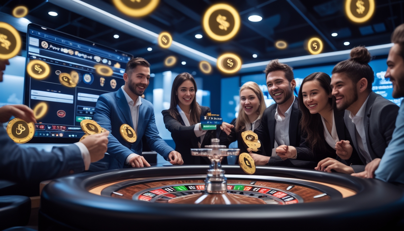 Beberapa pemain yang antusias sedang bermain di kasino online dengan dealer langsung dan tampilan digital yang menampilkan suasana penuh semangat dan hadiah besar.