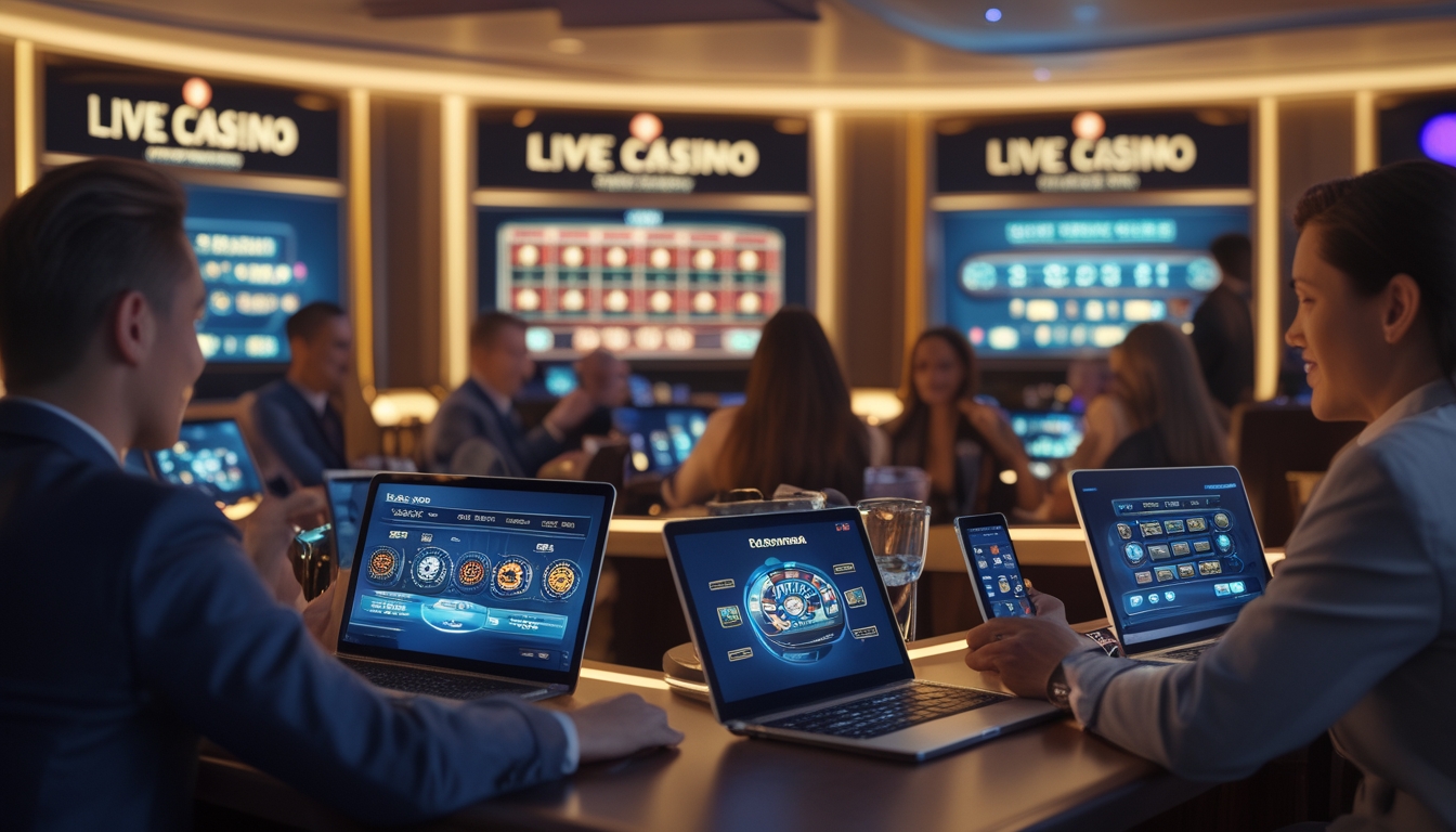 Beberapa orang bermain permainan kasino langsung online menggunakan berbagai perangkat digital di ruangan modern dengan layar besar yang menampilkan permainan kasino.