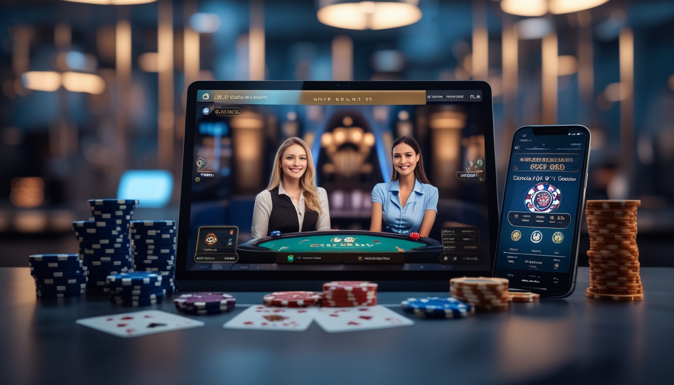 Seorang dealer kasino langsung di depan komputer dengan chip poker dan kartu di sekitar, menampilkan suasana permainan kasino online yang aktif.