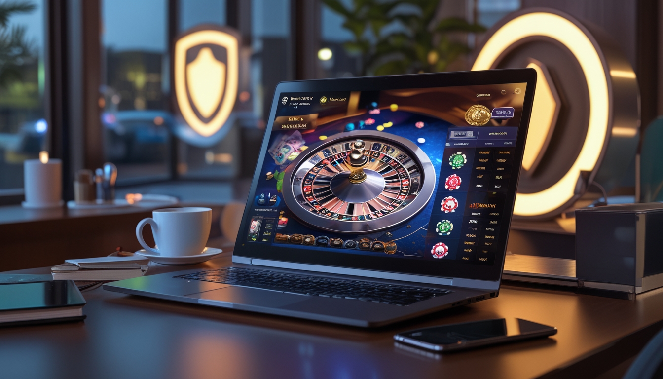 Seorang pemain menggunakan laptop dengan tampilan permainan kasino langsung yang menampilkan kartu, roda roulette, dan chip poker, di meja kerja yang rapi dengan suasana yang aman dan terpercaya.