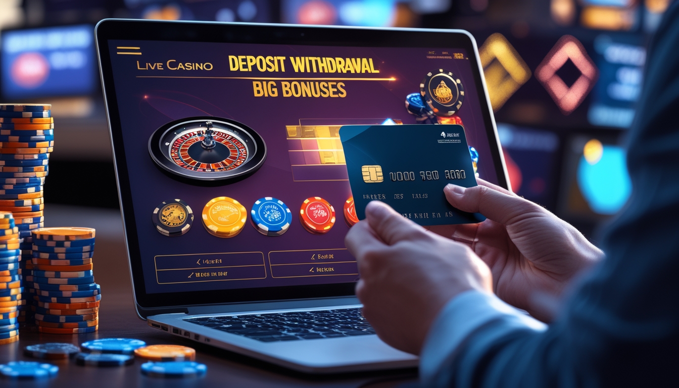 Seseorang menggunakan komputer dengan tampilan kasino langsung online, menunjukkan proses deposit dan penarikan dengan bonus besar.