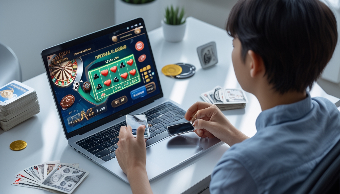 Seorang pemula bermain permainan kasino langsung online dengan laptop dan ponsel di meja kerja di rumah, dengan uang rupiah di sampingnya.