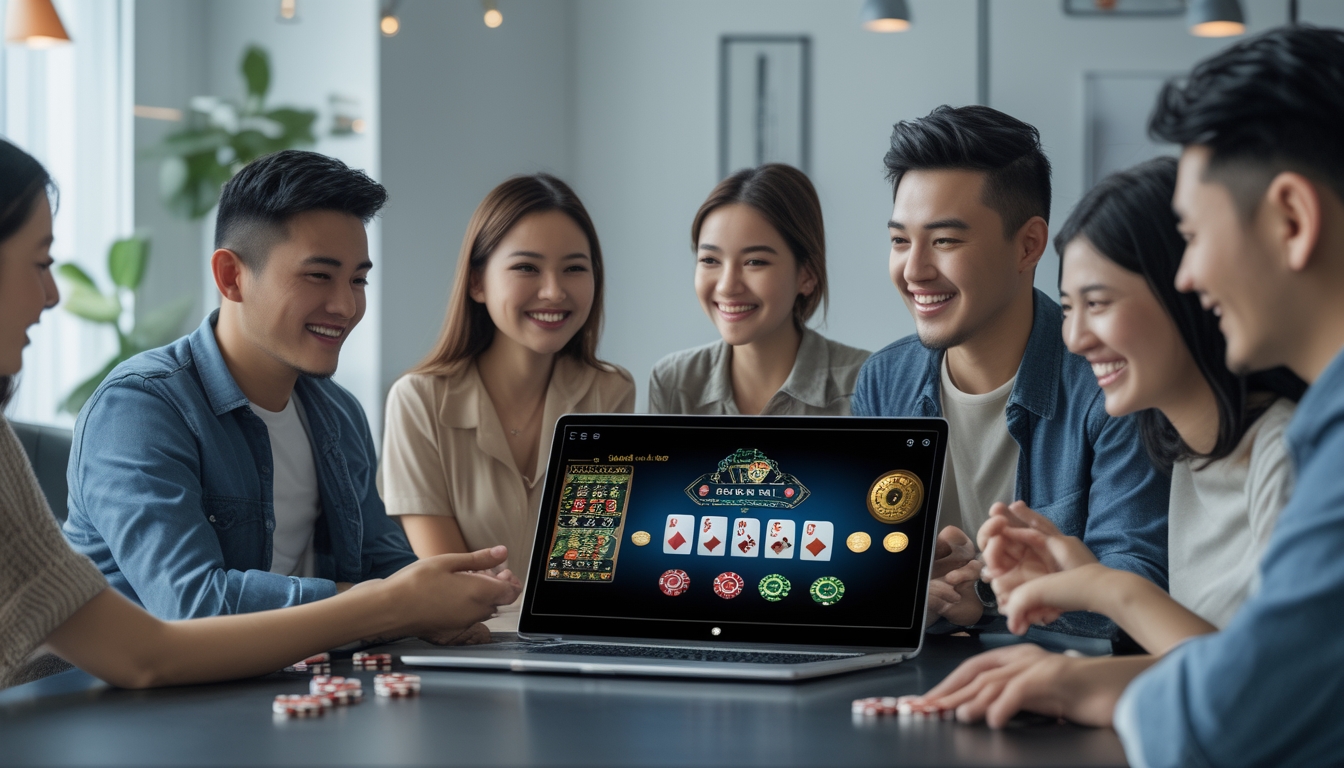 Orang-orang muda bermain permainan kasino langsung secara online menggunakan laptop di lingkungan rumah yang nyaman.