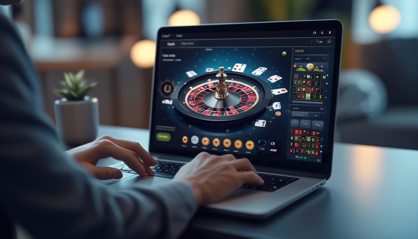 Seseorang menggunakan laptop atau ponsel untuk bermain live casino online dengan tampilan permainan kartu dan roda roulette di layar.