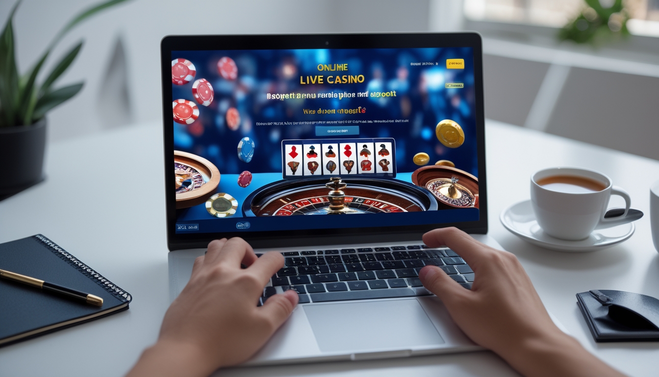 Seseorang menggunakan laptop di meja kerja dengan tampilan permainan kasino online di layar, suasana terang dan rapi.