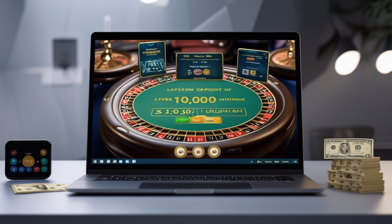 Seorang pemain menggunakan komputer untuk bermain live casino online dengan tampilan meja kasino dan chip di layar.